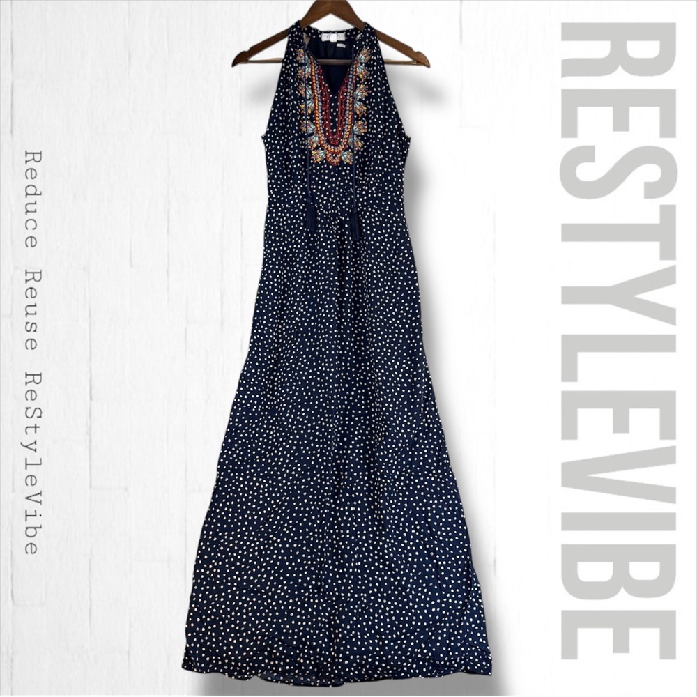 THML ANTHROPOLOGIE Women’s Size S Dress Maxi Embroidered Polka Dot V-Neckline